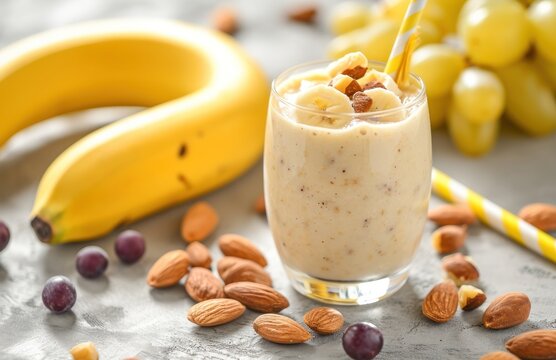a healthy smoothie image of banana, almond and grapes