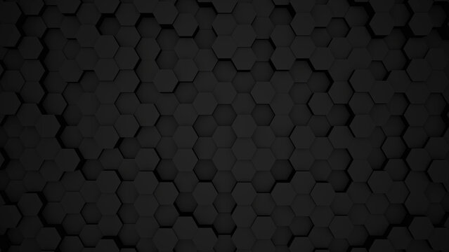 Abstract black modern architecture 3D background with black hexagon on the wall. © RP