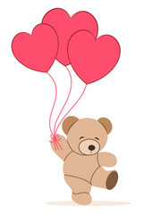 Vector illustration of a bear with pink heart-shaped balloons. Teddy toy with balloons on a white background. Holiday card for Valentine's Day, Birthday, party.