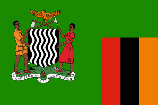 The official current flag and coat of arms of Republic of Zambia. State flag of Zambia texture. Illustration.