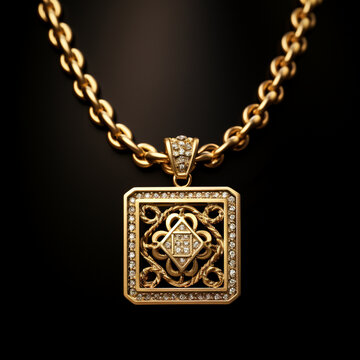 big gold fancy chain with square pendant without background created with Generative Ai