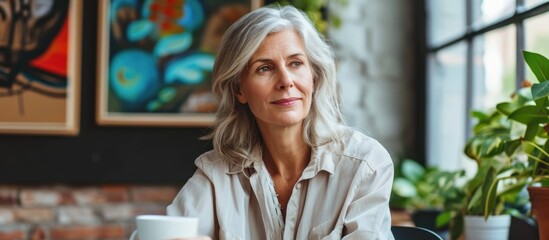 50-year-old Caucasian businesswoman with coffee, sitting and looking away. Small business focus. Successful woman in modern art studio.