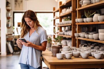A woman in a well-lit boutique shop with shelves stocked with artisanal ceramics n pottery shop checking her phone or tablet.