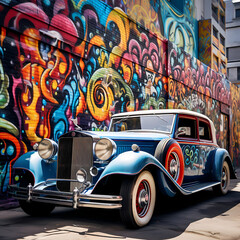 Vintage car with a vibrant graffiti backdrop