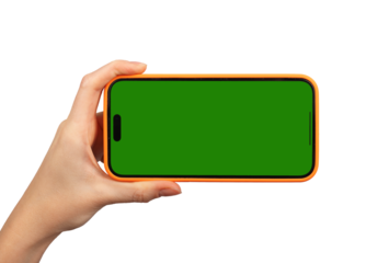 Hand hold phone screen mockup, horizontal phone isolated on white