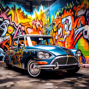 Vintage car with a vibrant graffiti backdrop
