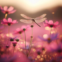 Generative AI Beautiful dragonflies perched on pink flowers, a dragonfly perched on a blooming pink flower, A view of a dragonfly perched on a blooming flower, pink flowers infested by dragonflies - obrazy, fototapety, plakaty