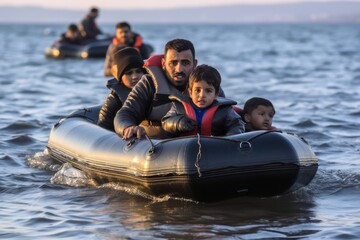Fictional view of many refugees on a rubber dinghy. - obrazy, fototapety, plakaty