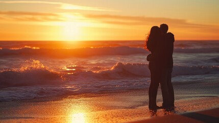 Silhouette couple in a loving embrace, set against the backdrop of a serene sea beach