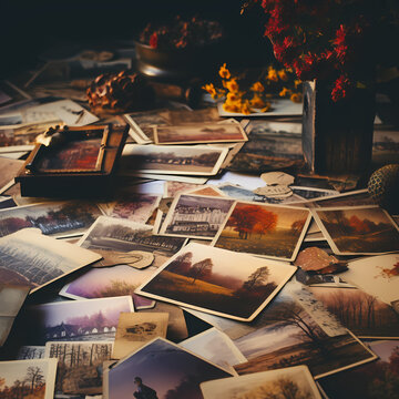 Vintage postcards scattered on an old wooden table.