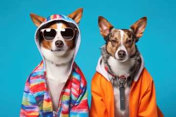 Two Trendy dogs, one with sunglasses  dressed in colorful streetwear, ready for a hip outing, blue background .