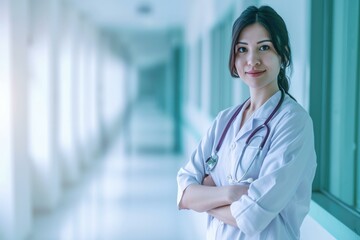 Confident Female Healthcare Professional in Hospital Corridor, Medical Staff Concept