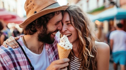 Couple sharing an ice cream, happy valentine's day, embodying a sense of joy and togetherness