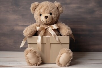Plush beige vintage teddy bear in a box Valentines Day gift. Romantic present.