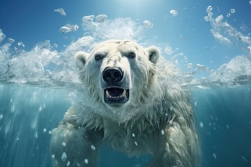Obraz premium polar bear swimming in water closeup. Environment problem illustration, climate change, global warming.