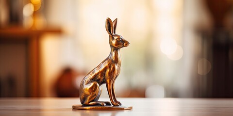 Vintage bronze hare figurine statue on amber stand, isolated on white. Interior decoration sculpture with text space. Soft focus.
