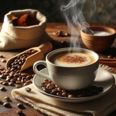 Obraz na płótnie Canvas Cup with hot beverage near coffee beans