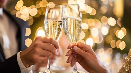 Couple toasting with champagne glasses, celebration, joy, and perhaps a romantic occasion. The focus is on their hands holding the glasses