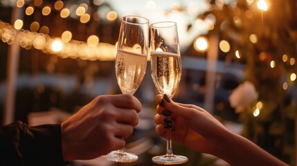 Toasting with champagne glasses, celebration, joy, and perhaps a romantic occasion. The focus is on their hands holding the glasses