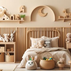 Cute bedroom with wooden design and toys, copy space on empty beige wall