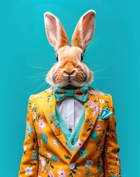 A rabbit wearing a floral suit and bow tie posing against a teal background