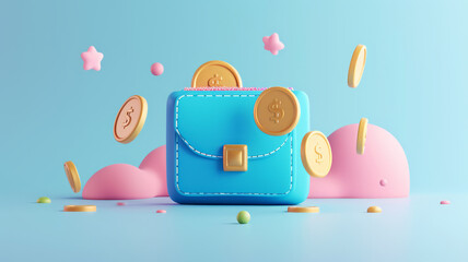 3d Gold coin falling into wallet floating on pastel background. mobile banking and Online payment service. Saving wealth. finance investment, money wallet, cashback. saving money concept.