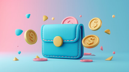 3d Gold coin falling into wallet floating on pastel background. mobile banking and Online payment service. Saving wealth. finance investment, money wallet, cashback. saving money concept.