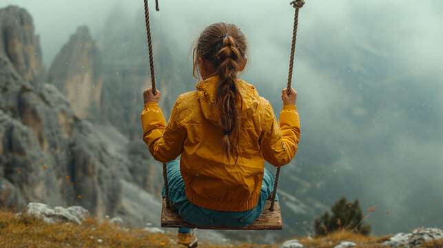 A dynamic shot of a girl on a swing soaring high against a backdrop of an expansive mountain range, symbolizing the limitless possibilities and boundless spirit of youthful adventu