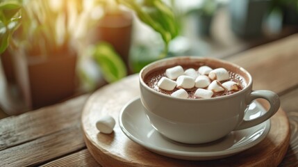 Morning Hot Chocolate Delight.
Cup of hot chocolate with marshmallows on a wooden table, natural light.