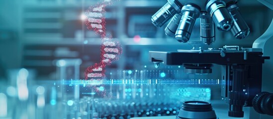 Investigation of microbiology and DNA testing using digital technology in a laboratory for scientific research and biotechnology. - obrazy, fototapety, plakaty