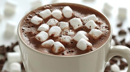 Fototapeta na wymiar Creamy Hot Chocolate with Marshmallows. Warm cup of hot cocoa topped with marshmallows.