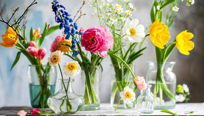 Obraz premium Assorted Spring Flowers in Glass Vases on Wooden Table. Fresh Floral Arrangement