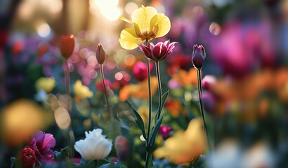 Multicolored Tulips Amongst Lush Spring Flowers. Spring blossom fields. - obrazy, fototapety, plakaty