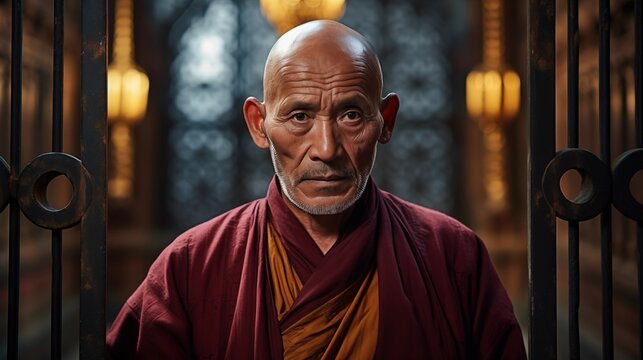&Auml;lterer buddhistischer M&ouml;nch mit ernsthaftem Gesichtsausdruck steht neben einer geschmiedeten T&uuml;r im Tempel