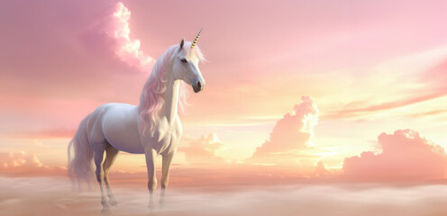 Obraz na płótnie Canvas A white unicorn with a flowing mane against a colorful, enchanted sky., banner 