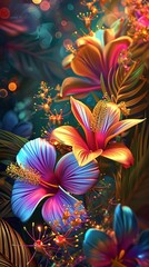 Fototapeta na wymiar Cartoon fantasy illustration in the style of meticulous fantasy and sense of awe, tropical flowers,