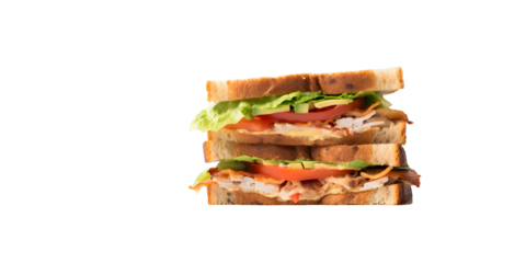 Close-up of two cuted sandwiches with bacon, salami, prosciutto and fresh vegetables on wooden table with PNG background