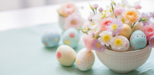 Delicate Easter eggs in soft pastel shades rest in a ceramic bowl, surrounded by a bouquet of gentle spring blossoms.