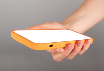 Hand holding mobile phone screen mock up, using smartphone display mockup, cellphone