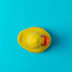 Yellow rubber duck on blue background. Summer minimal concept.
