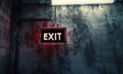 exit banner hang hanging on a wall with concrete background exit sign