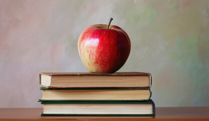 red apple on top of four books with background