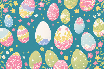 Handmade decorated Easter eggs on blue background. Generative Ai