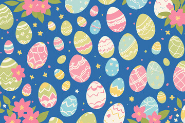 Handmade decorated Easter eggs on blue background. Generative Ai