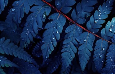blue leaf with rain droplets in the background