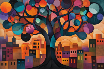 a gothic illustration of a colourful  tree in the town in the style of dark orange and light bronze 