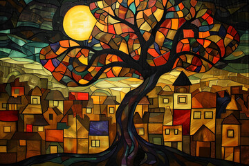 a gothic illustration of a colourful  tree in the town in the style of dark orange and light bronze 