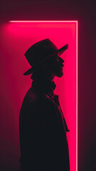 man with a hat in a red background. silhouette photography