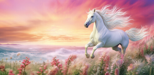 Obraz na płótnie Canvas Ethereal white horse with a flowing mane galloping through a dreamy meadow at sunset.