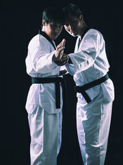 Taekwondo Training Two-Man Poses checking on black background.Perfect for sports enthusiasts and...